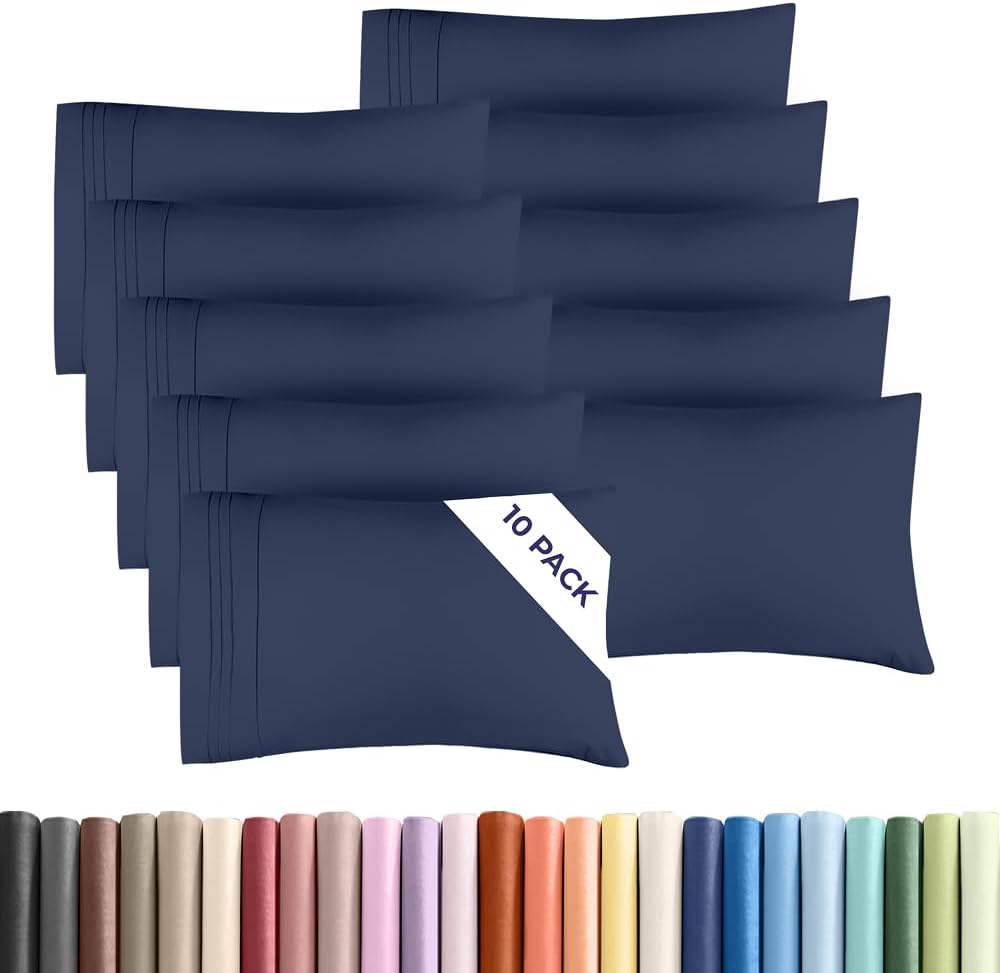 King Pillow Cases Set of 10 - Ultra Soft Hotel Quality Pillowcase Covers - Comfy. Cozy & Wrinkle Free - Shrink, Stain and Fade Resistant - Machine Washable Pillow Protectors - 10 Piece Set - Navy Blue