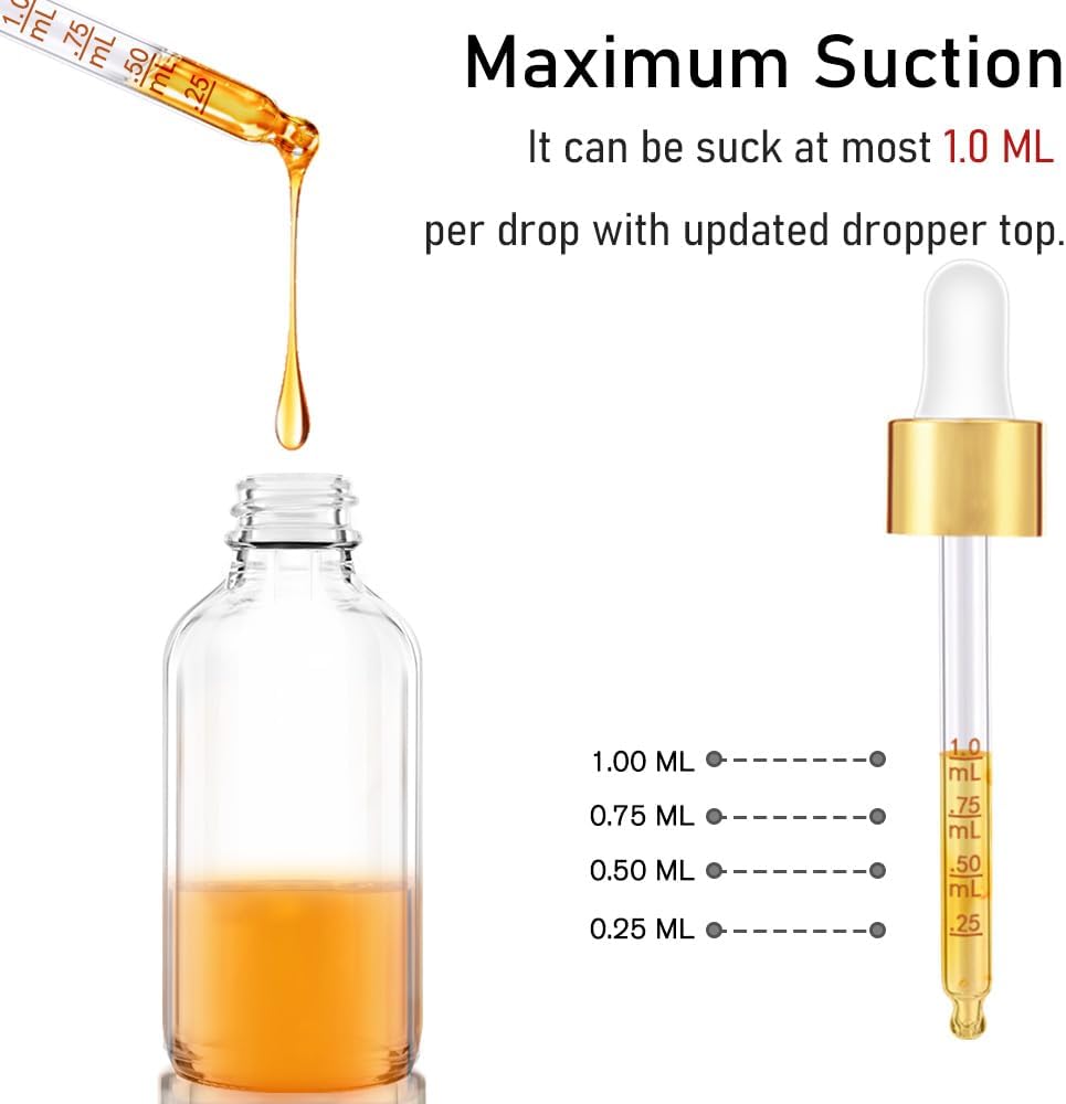 Bumobum 2 oz Dropper Bottle, Clear Glass Eye Dropper Bottles with Golden Top Cap for Essential Oils, 99 pack Tincture Bottle with Labels and Funnel