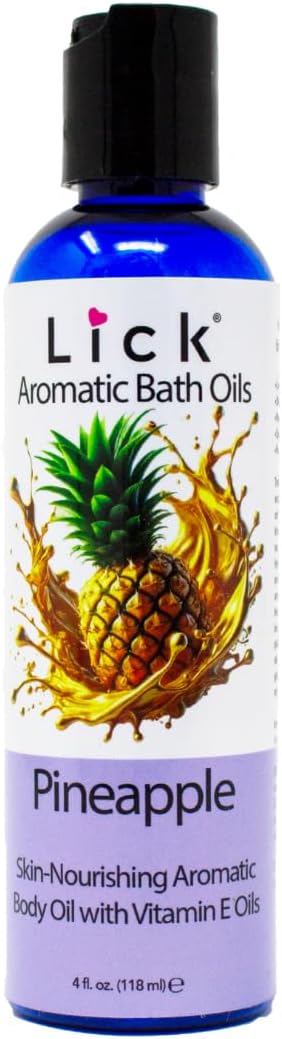 Lick Pineapple Aromatic Bath Oil - Natural Sweet Almond, Vitamin E & Jojoba Oils for Luxurious Experience for Women. Moisturizes Dry Skin, 12 Enchanting Aromas, Paraben Free, Made in USA 4 fl oz