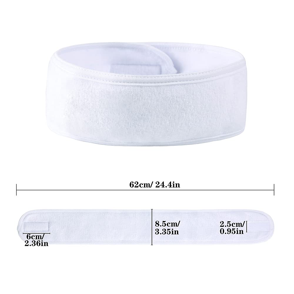 Facial Spa Headbands 4 PCS, Makeup Shower Bath Wrap Sport Headband Terry Cloth Stretch Towel with Magic Tape (White)