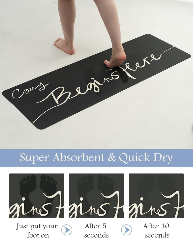 MontVoo-Bath Mat Rug Long Non Slip Super Absorbent Bathroom Runner Stain Resistant Quick Dry Thin Bathroom Mat Fit Under Door-17"x50",Black