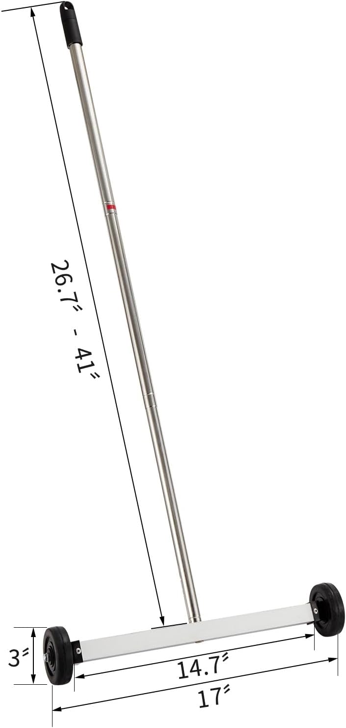 HARDK Magnet Pickup Sweeper Tools - 17 inch - Magnetic Pick Up Sweeper -10 Lbs - Yard Magnet with Telescoping Holder and Wheels to Pick Up Nails, Magnetic Sweeper for Construction,Lawn,Roofing