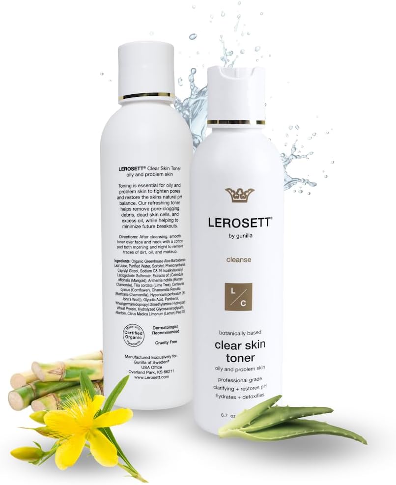 LEROSETT Toner for Clear Skin, Aloe Vera Based Toner with Glycolic Acid & 10 Calming Botanicals Helps Reduce Irritation, Future Blemishes, Blackheads, and Tightens Pores, Natural, Vegan - 6.7 oz