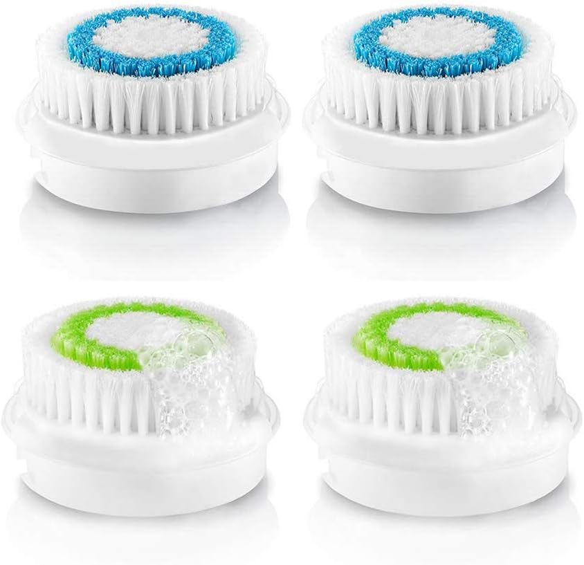 Facial Cleansing Brush Head Replacement, Facial Cleansing Brush Head, Exfoliator Facial Brush Heads, for Acne Prone, Clogged and Enlarged Pores Sensitive Skins (4Pack/Blue+Green)