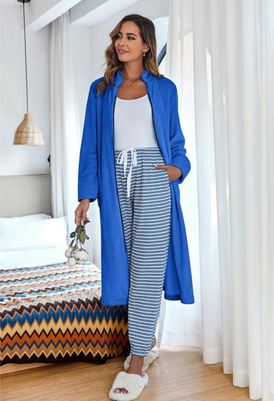 Ekouaer Women's Zip Up Robe Fleece Bathrobe Long Zipper Lounger Warm Housecoat Long Sleeve Nightgown with Pockets S-XXL