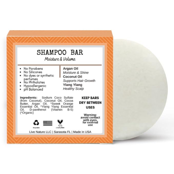 Bar Shampoo | Clean Non Toxic Shampoos | Moisture & Volume | Argan Oil and Sweet Orange & Ylang Ylang Essential Oils | Travel Essentials | Handmade USA- 1pk