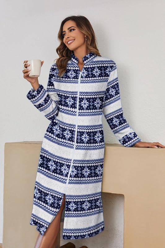 Ekouaer Women's Zip Up Robe Fleece Bathrobe Long Zipper Lounger Warm Housecoat Long Sleeve Nightgown with Pockets S-XXL