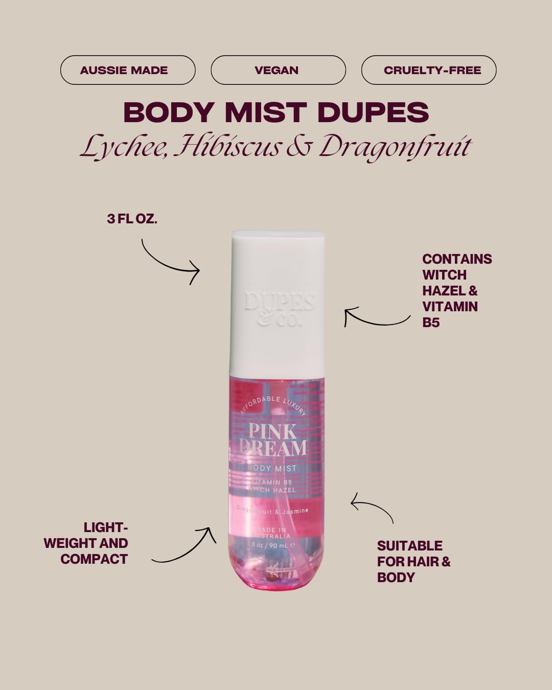 DUPES & CO. Pink Dream Hydrating Body Mist for Women – Tropical Dragonfruit & Lychee with Vitamin B5 & Witch Hazel – Sweet, Refreshing Fragrance in a 3 Fl Oz Bottle