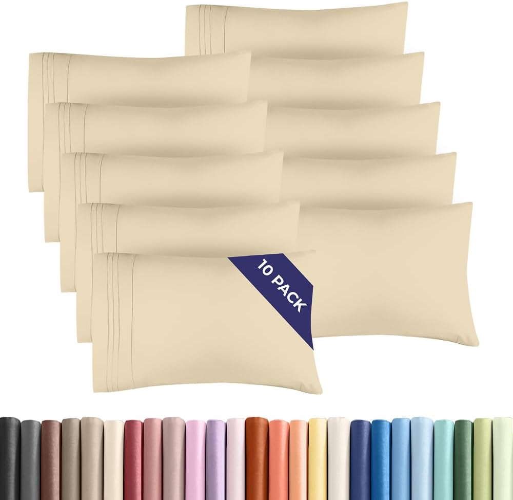 Standard Pillow Cases Set of 10 - Ultra Soft Hotel Quality Pillowcase Covers - Comfy, Cozy & Wrinkle Free - Shrink, Stain and Fade Resistant - Machine Washable Pillow Protectors - 10 Pcs Set - Cream