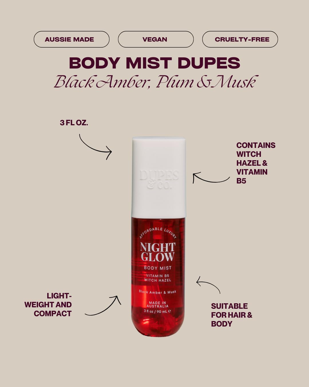 DUPES & CO. Night Glow Hydrating Body Mist for Women – Black Amber & Plum Fragrance with Vitamin B5 & Witch Hazel – Warm, Sensual Scent in a 3 Fl Oz Bottle