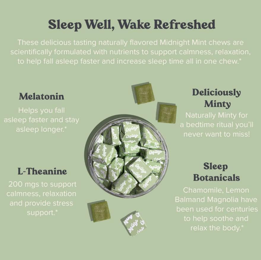 Chewsy Peaceful Sleep Chews, Sleep Support, 3 mg Melatonin, 200 MGS L-Theanine, Chamomile, Lemon Balm, Magnolia, Nighttime Sleep Aid, Naturally Minty Chews, Promotes restful Sleep, 6 -Day Supply (1)