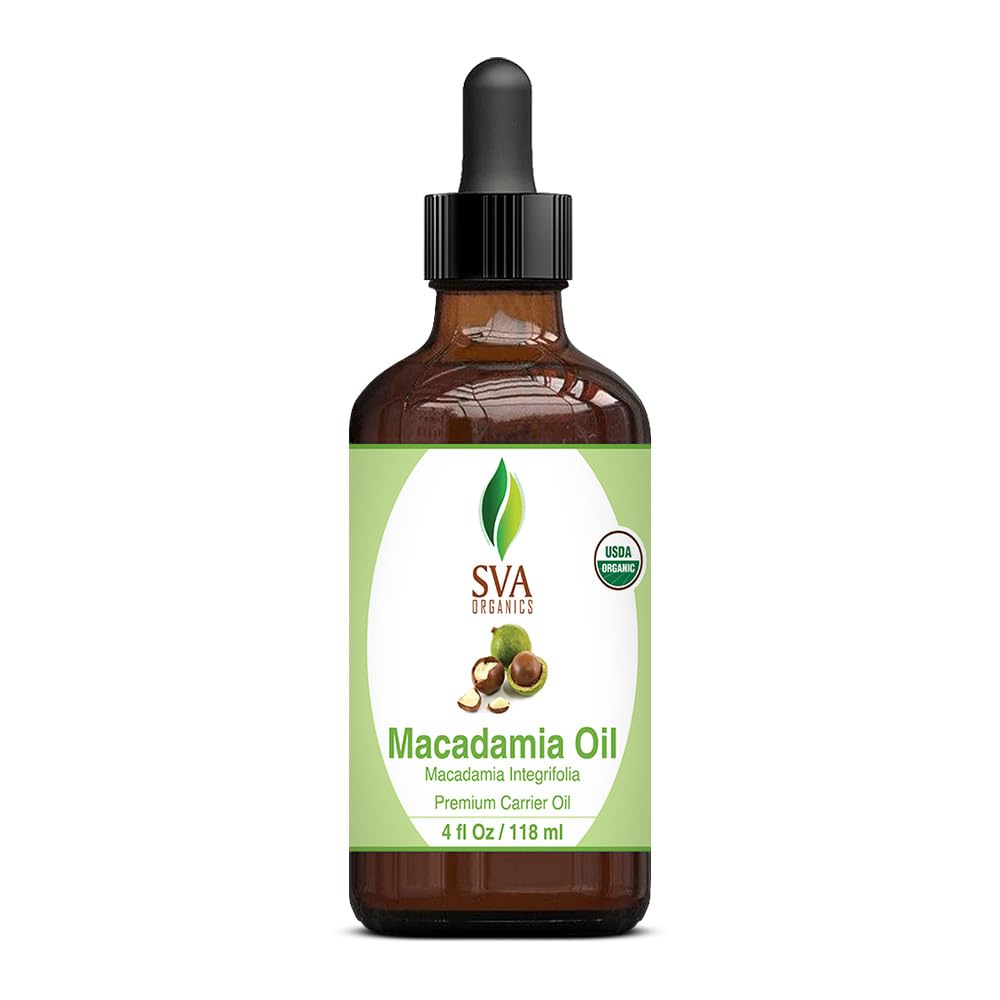 SVA Macadamia Seed Oil Organic - 4 Fl Oz – 100% Natural Cold Pressed Organic Macadamia Oil - for Face, Skin Care, Hair Care, Scalp Massage & Body Massage – Carrier Oil with Dropper