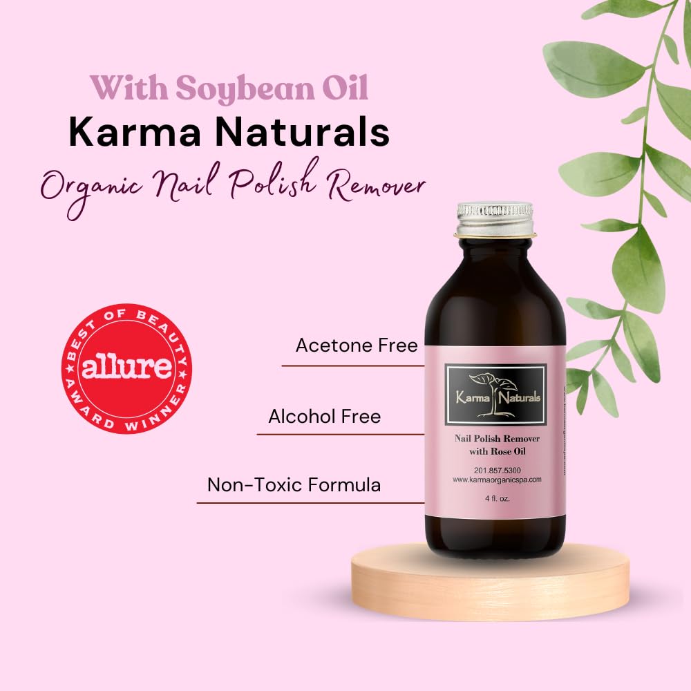 Karma Organic Nail Polish Remover with Soybean Oil and Rose Oil- Non Toxic, Vegan, Cruelty Free, Acetone Free – Nails Strengthener for Fingernails – 12 fl. Oz. (3 Pack)