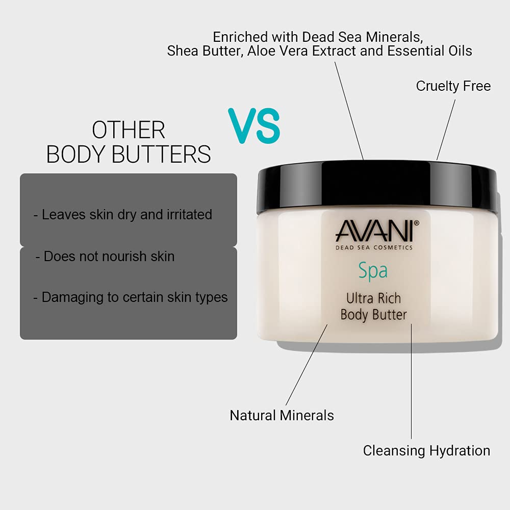 Avani Ultra Rich Body Butter - Dead Sea Salt, Aloe Vera, Vitamin E, Shea, Jojoba, Sunflower, Olive Essential Oil - Natural Butter for All Skin Types - Milk/Honey Fragrance