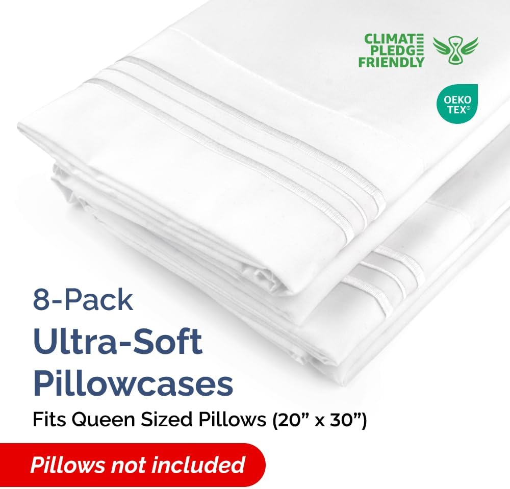 Queen Pillow Cases Set of 8 - Ultra Soft Hotel Quality Pillowcase Covers - Comfy & Wrinkle Free - Shrink, Stain & Fade Resistant - Easy-Care, Machine Washable Pillow Protectors - 8 Piece Set - White