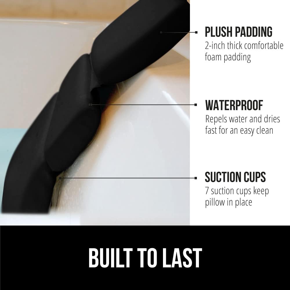 GORILLA GRIP Bath Pillow for Tub, Improved Suction Cups, Luxury Bathtub Pillows, Headrest for Neck and Back Support, Relaxing Home Spa, Hot Tubs and Bathroom Essentials, Gifts for Women, 3 Panel Black