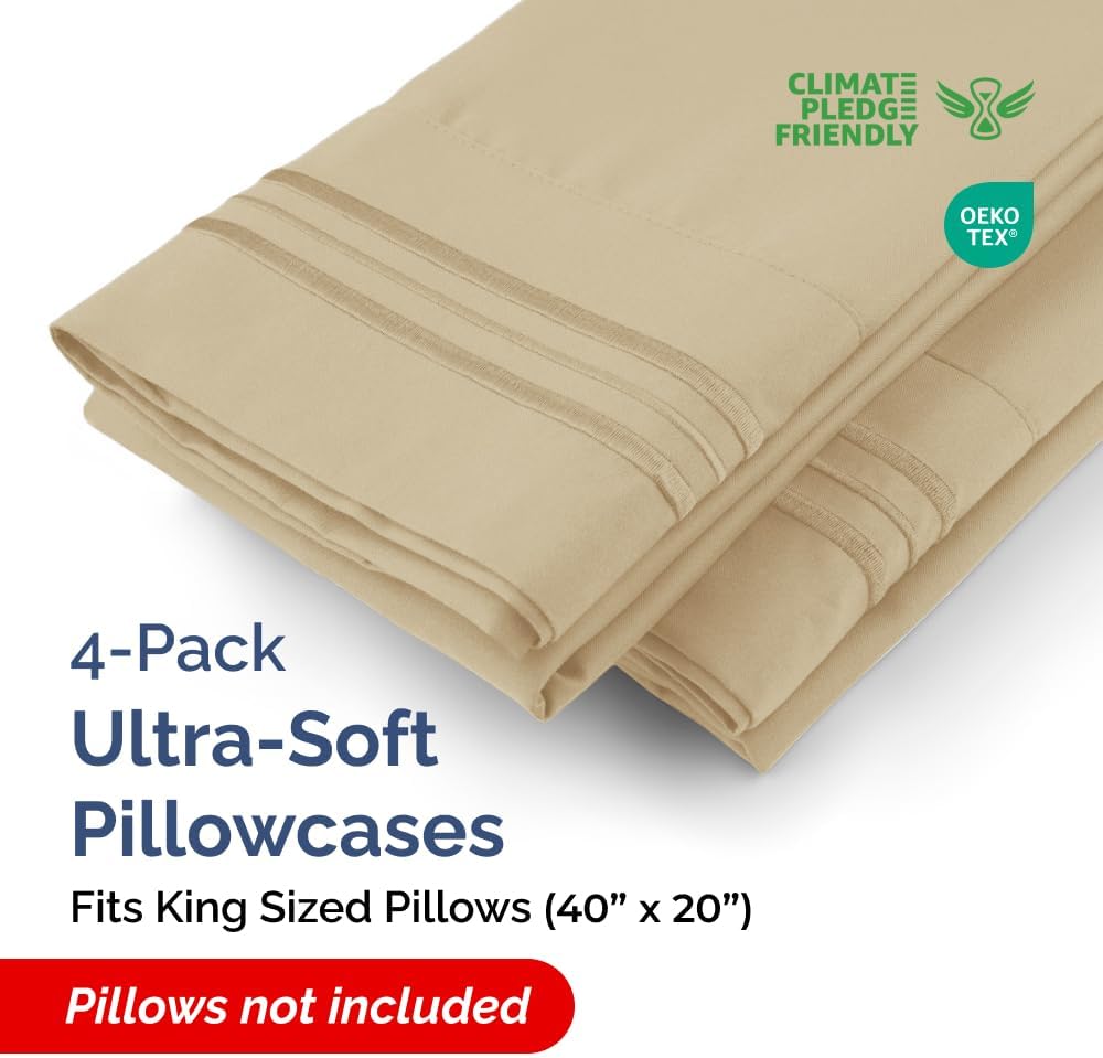 King Pillow Cases Set of 4 - Ultra Soft Hotel Quality Pillowcase Covers - Comfy, Cozy & Wrinkle Free - Shrinkage, Stain and Fade Resistant - Machine Washable Pillow Protectors - 4 Piece Set - Beige
