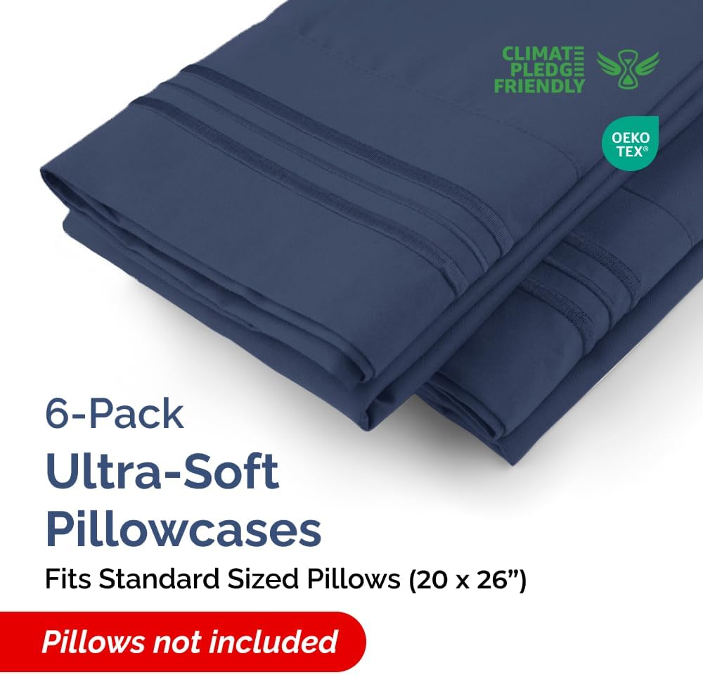 Standard Pillow Cases Set of 6 - Ultra Soft Hotel Quality Pillowcase Covers - Comfy, Cozy & Wrinkle Free - Shrink, Stain & Fade Resistant - Machine Washable Pillow Protectors - 6 Piece Set - Navy Blue