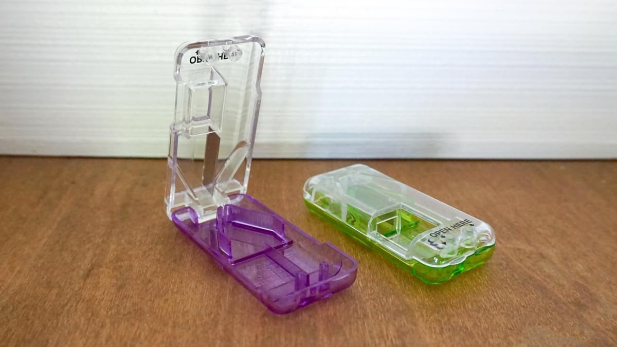EZY DOSE Pill Cutter and Splitter with Dispenser, Safely Cuts Large, Small and Tiny Pills, Vitamins, Tablets in Half, Accurate and Easy Cutting, Stainless Steel Blade, Travel Sized, Purple, BPA Free