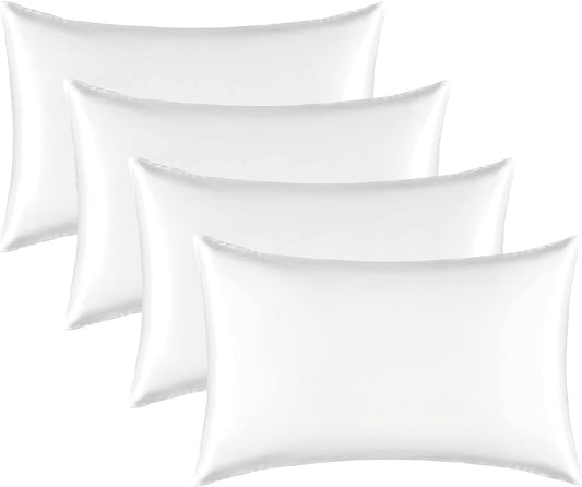 Satin Silk Pillowcase for Hair and Skin, Black Pillow Cases Standard Size Set of 4 Pack Super Soft Pillow Case with Zipper Closure (White, King (4 Pack))