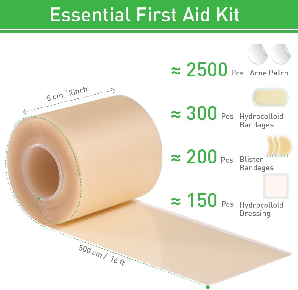2in*16ft Hydrocolloid Roll for Wound Care,Large Hydrocolloid Bandages Patch with Self-Adhesive Waterproof Ultra Absorbent Flexible DIY Size & Shape First Aid Kit Essential