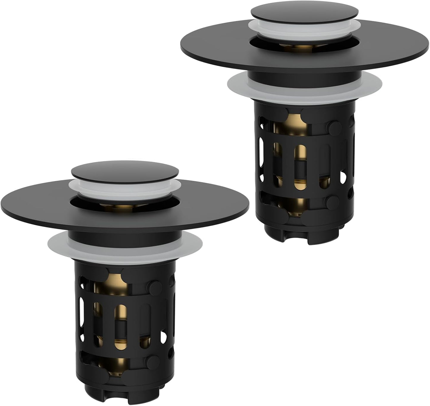 Hibbent 2 Pack 3 in 1 Bathroom Sink Drain Strainer, Universal Pop Up Stopper with Removable Stainless Steel Filter Basket Hair Catcher, Sink Plug for 1.1''~2.36'' Basin, Brass Bullet Core, Matte Black
