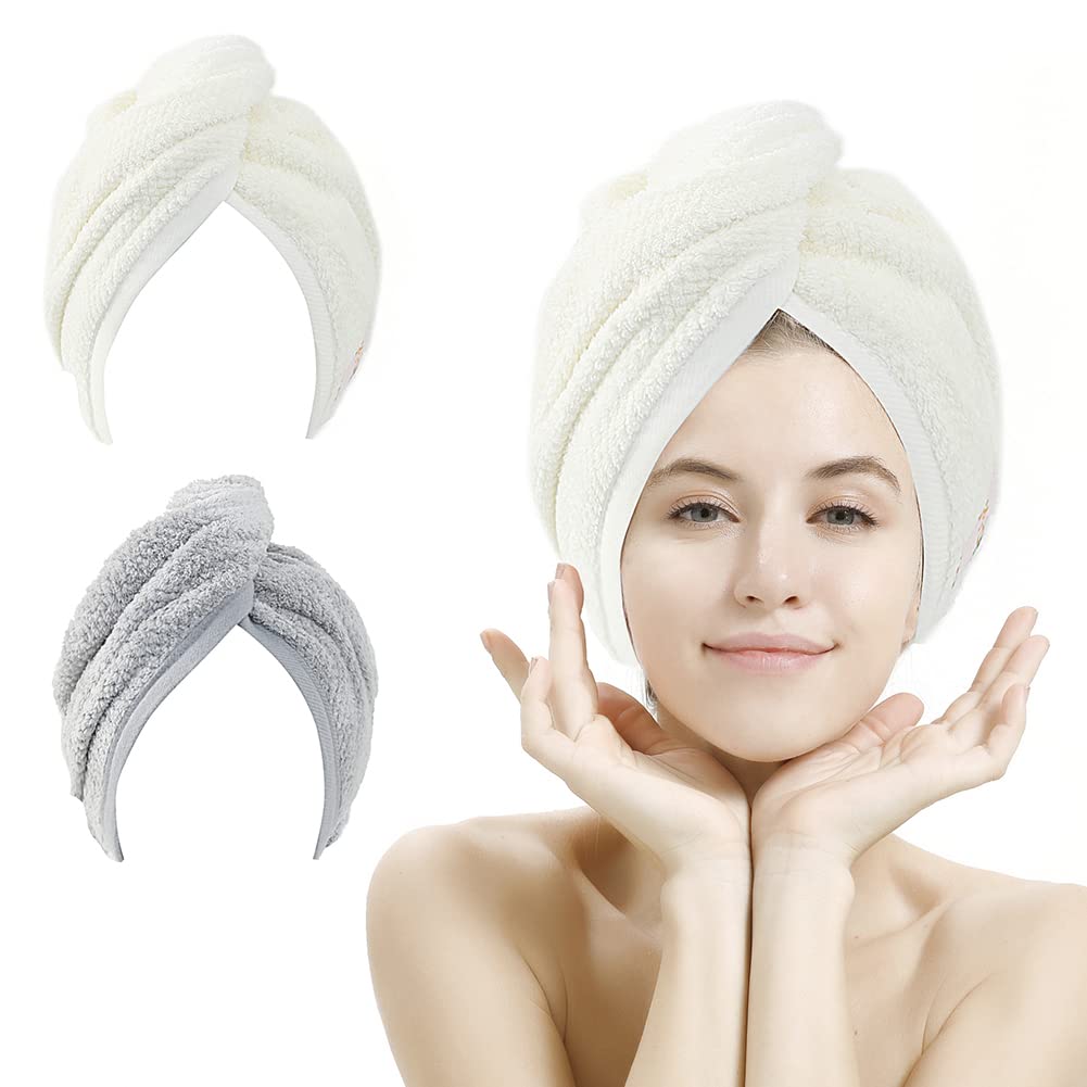 2 Pack Hair Towel Wrap,Absobent Hair Drying Towel with Buttons, Microfiber Hair Towel Wrap to Dry Hair Quickly (Beige&Gray)