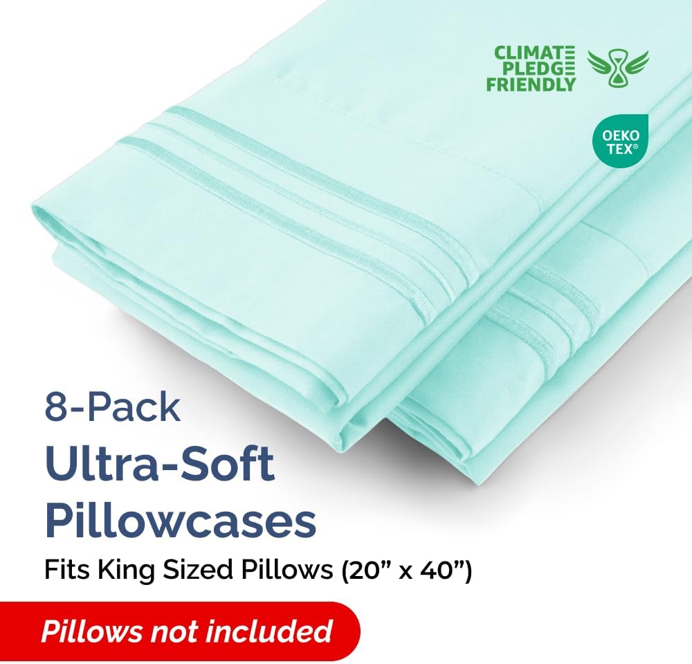King Pillow Cases Set of 8 - Ultra Soft Hotel Quality Pillowcase Covers - Comfy & Wrinkle Free - Shrink, Stain & Fade Resistant - Easy-Care, Machine Washable Pillow Protectors - 8 Piece Set - Spa Blue