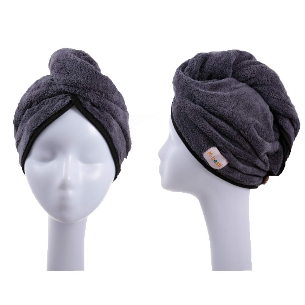 2 Pack Hair Drying Towels, Anti-frizz Hair Towel Wrap, Absorbent Microfiber Hair Towel Turban with Button Design for Straight Curly Hair (Dark Gray&Light Gray)
