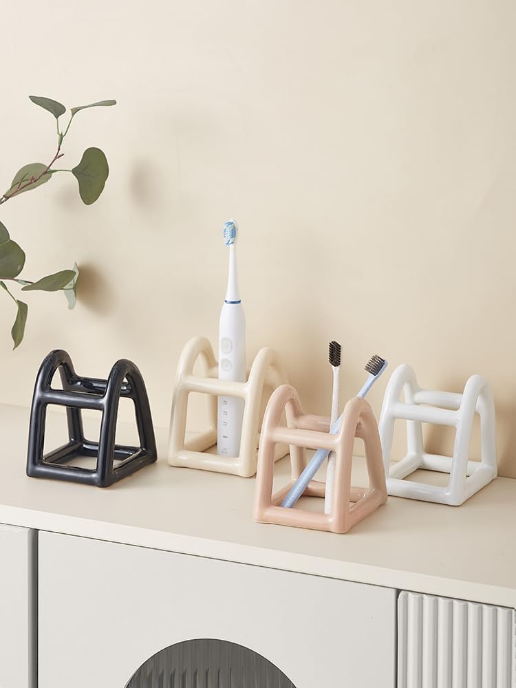 Handmade Ceramic Holder Stand for Toothbrushes, Makeup Brushes, and Pens - Minimalist Design for Bathroom Vanity and Countertops Decor (Black)