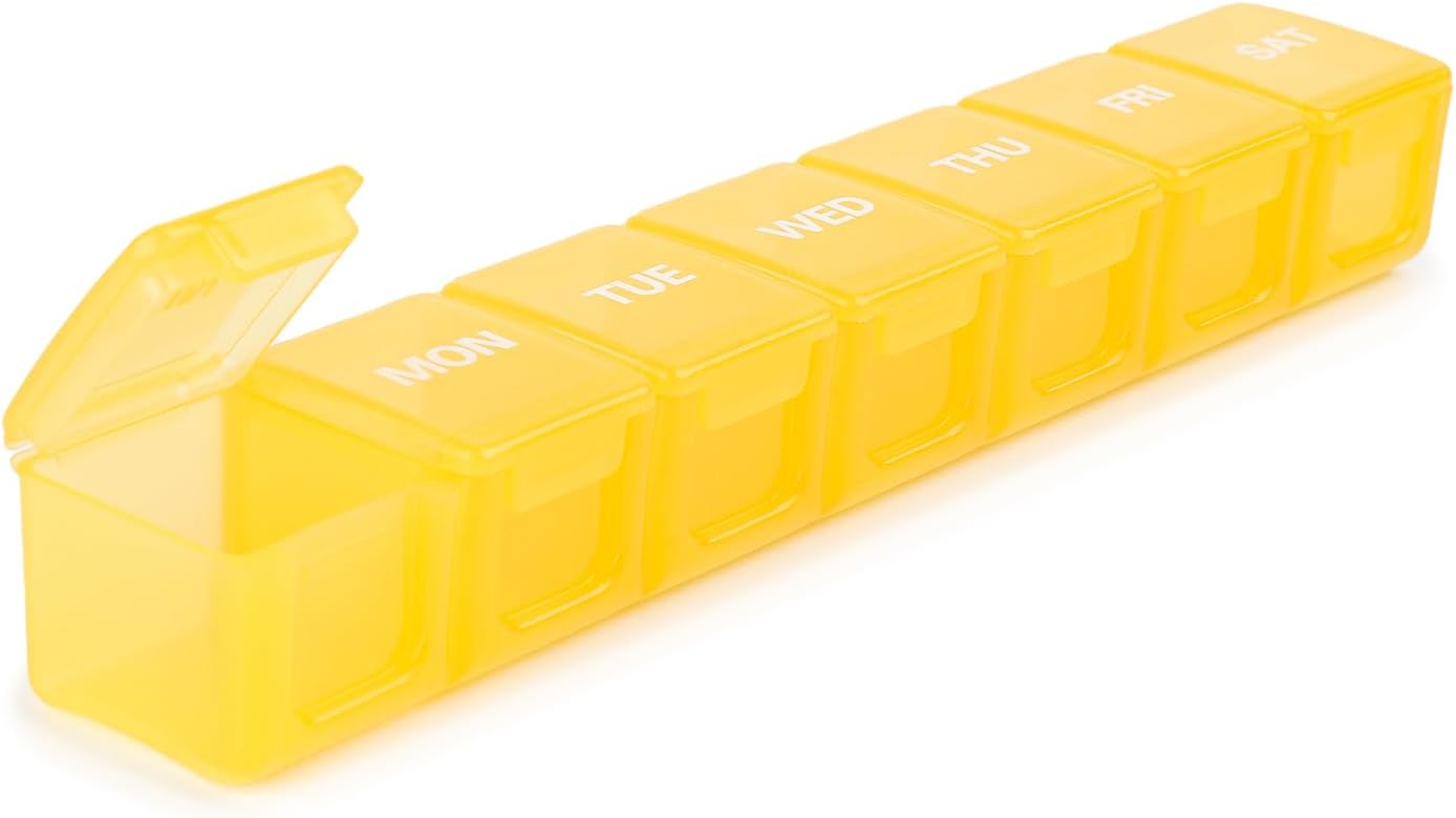 Sukuos Extra Large Daily Pill Organizer 7 Day, Easy to Open Weekly Pill Box Case, Portable Medicine Organizer with Clear Lid for Vitamins, Fish Oils or Supplements (Yellow)