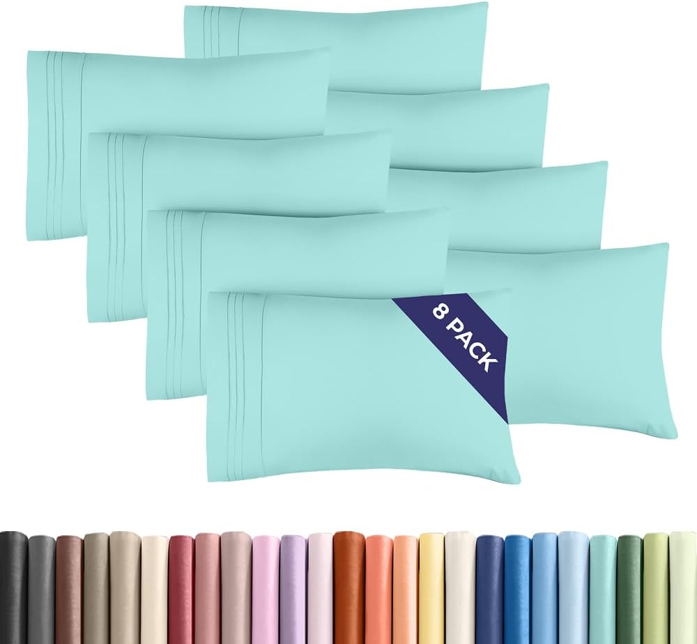 Standard Pillow Cases Set of 8 - Ultra Soft Hotel Quality Pillowcase Covers - Comfy, Cozy & Wrinkle Free - Shrink, Stain & Fade Resistant - Machine Washable Pillow Protectors - 8 Piece Set - Spa Blue