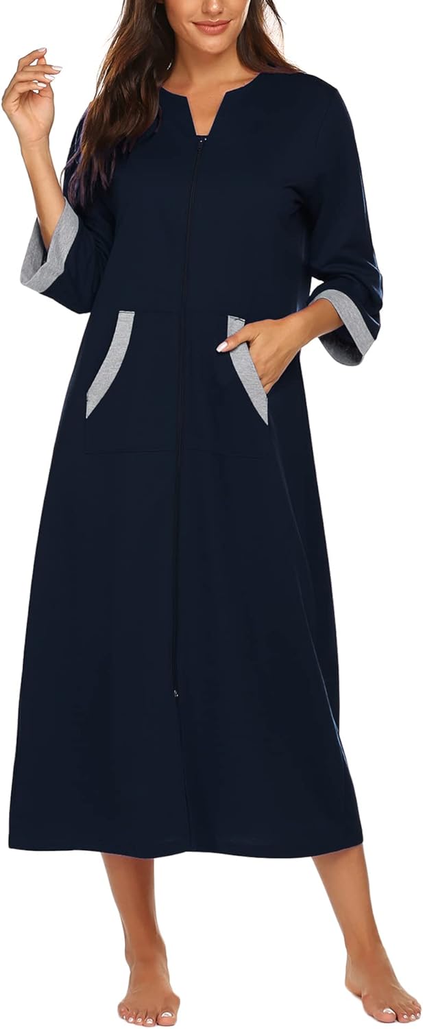 Ekouaer Women Zipper Robe 3/4 Sleeves Loungewear Dress Full Length Sleepwear Pockets Housecoat Nightgown Long Bathrobe