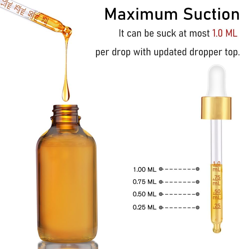 Bumobum 2 oz Dropper Bottle, Amber Glass Eye Dropper Bottles with Golden Top Cap for Essential Oils, 99 pack Tincture Bottle with Labels and Funnel