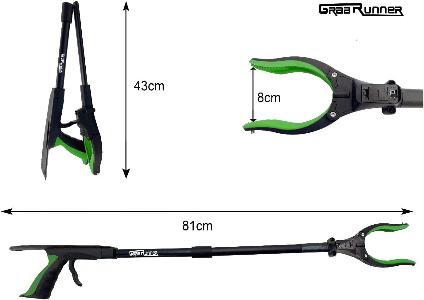 32 inch GrabRunner Reacher Grabber Tool with Folding and Shoehorn and Light (Green led)