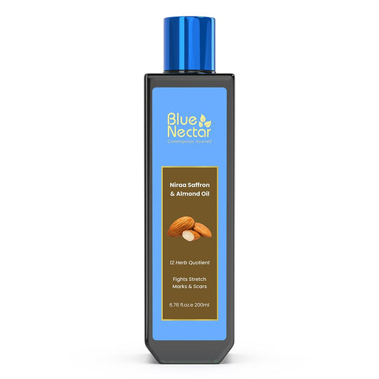 Blue Nectar Saffron & Almond Oil, Ayurveda Product for Crepey Skin | Skin Firming Body Oil for Stretch Marks (12 Herbs, 6.76 Fl Oz)