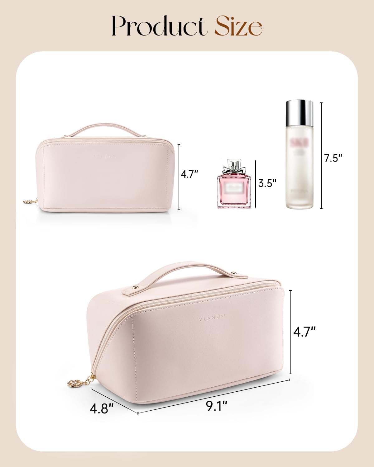 Vlando Makeup Bag,Large Capacity Travel Toiletry Bag,Cosmetic Bags for Women PU Leather Waterproof Portable Pouch with Divider & Handle-Apricot Pink