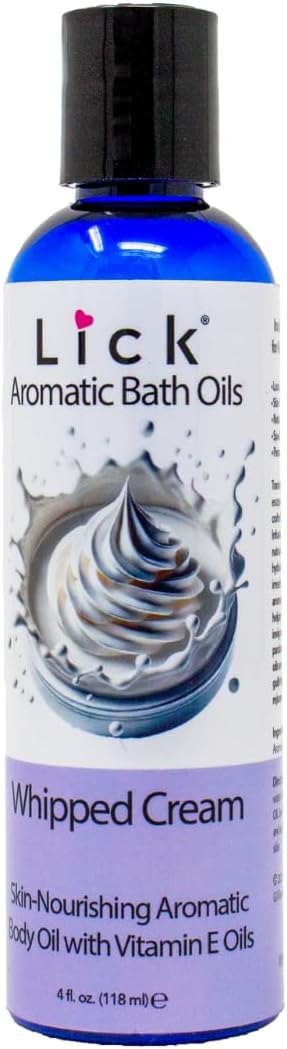 Lick Whipped Cream Aromatic Bath Oil - Natural Sweet Almond, Vitamin E & Jojoba Oils for Luxurious Experience for Women. Moisturizes Dry Skin, 12 Enchanting Aromas, Paraben Free, Made in USA 4 fl oz