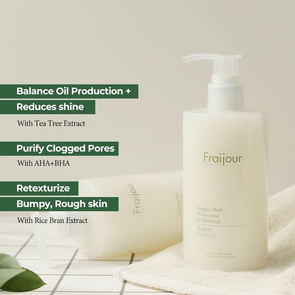 Fraijour Herb Wormwood O₂ Mask Pack – Korean Oxygen Bubble Face Mask for Sensitive, Oily & Acne-Prone Skin, Exfoliating with AHA BHA, Tea Tree & Peppermint, Smooths & Refreshes, 10.1 fl.oz.