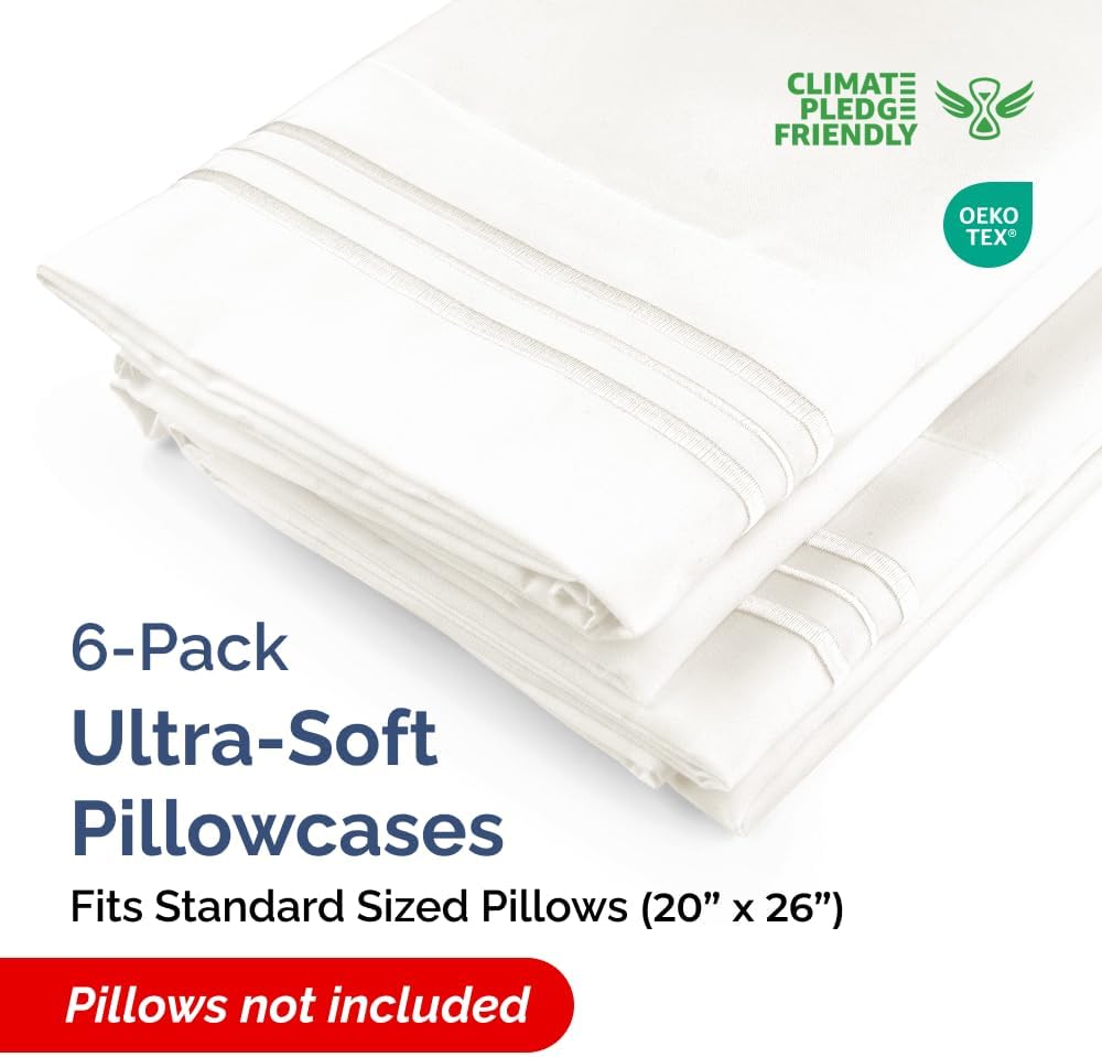Standard Pillow Cases Set of 6 - Ultra Soft Hotel Quality Pillowcase Covers - Comfy & Wrinkle Free - Shrink, Stain and Fade Resistant - Machine Washable Pillow Protectors - 6 Piece Set - Antique White