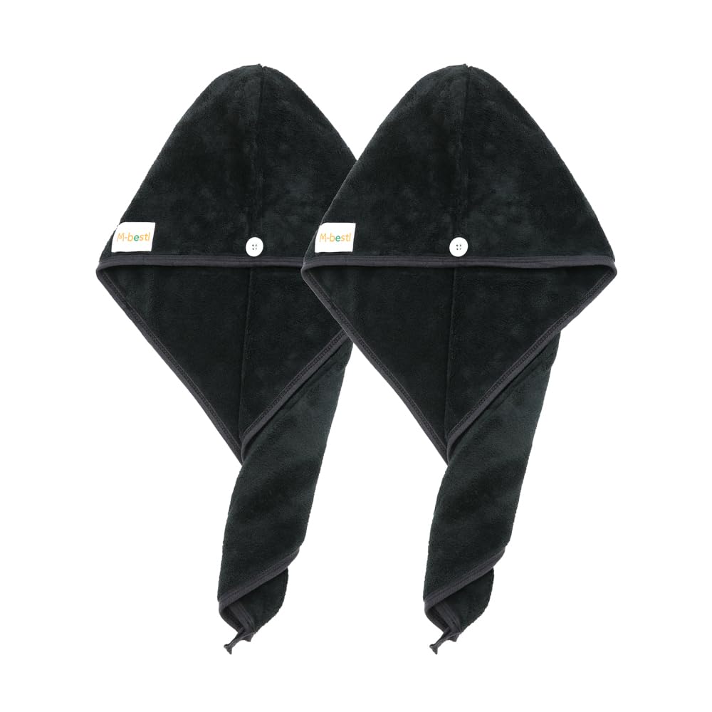 2 Pack Microfiber Hair Towel Wrap,Hair Drying Towel with Button,Absorbent and Anti-frizz Head Towel to Dry Curly or Straight Hair Quickly (Black)
