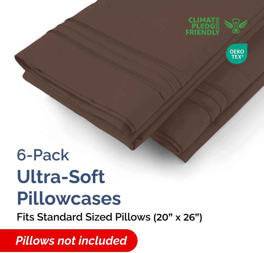Standard Pillow Cases Set of 6 - Ultra Soft Hotel Quality Pillowcase Covers - Comfy, Cozy & Wrinkle Free - Shrink, Stain and Fade Resistant - Machine Washable Pillow Protectors - 6 Piece Set - Brown