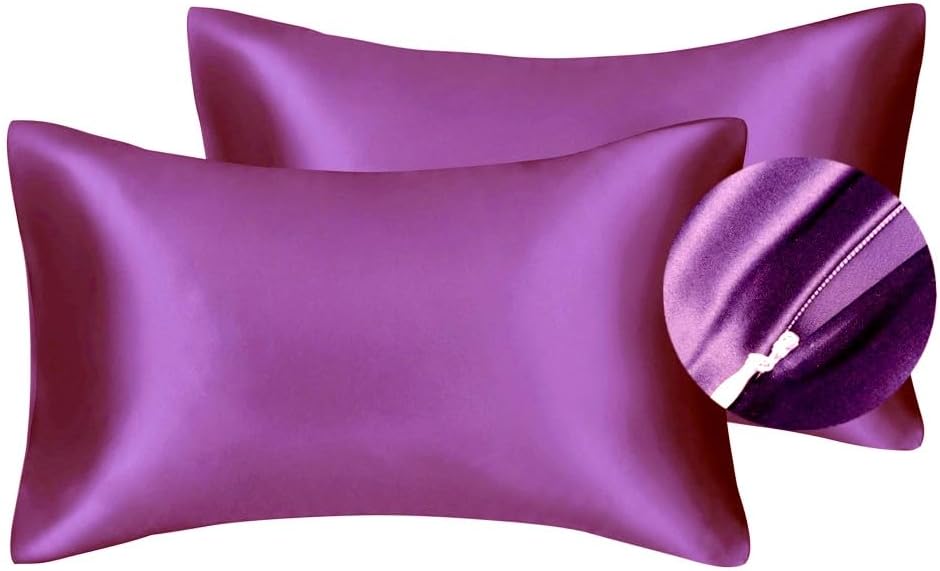 Juwenin Bedding,Luxury Satin Pillowcase with Zipper (Silky Satin Pillow Case for Hair) Set of 2 (Purple, Queen(20''x29''))
