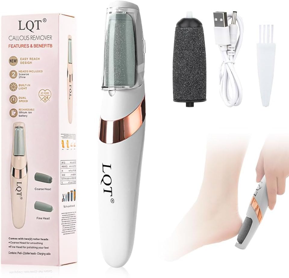 LQT® Electric Foot File – Rechargeable Callus Remover for Hard, Cracked Skin – at-Home Pedicure Kit for Smooth Feet (Men & Women) (White)