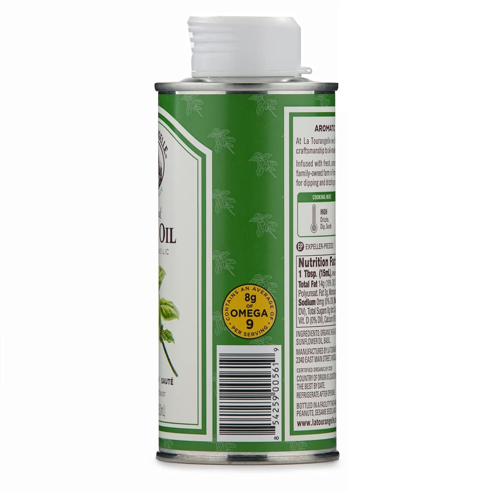 La Tourangelle, Basil Oil, Expeller-Pressed High-Oleic Oil, Great for Salads, Finishing Oil, Spread, Sauce, Dips, 8.45 fl oz (Pack of 2)