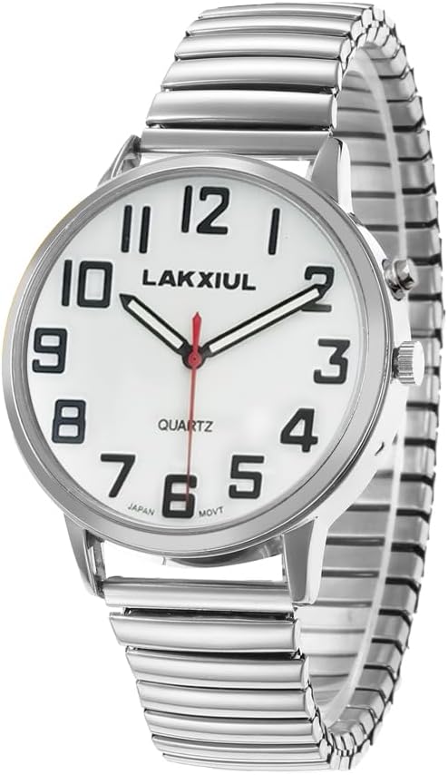English Talking Watch with Large Numbers, Time-Date Announcement, Stainless Steel Telescopic Strap, Alarm Clock