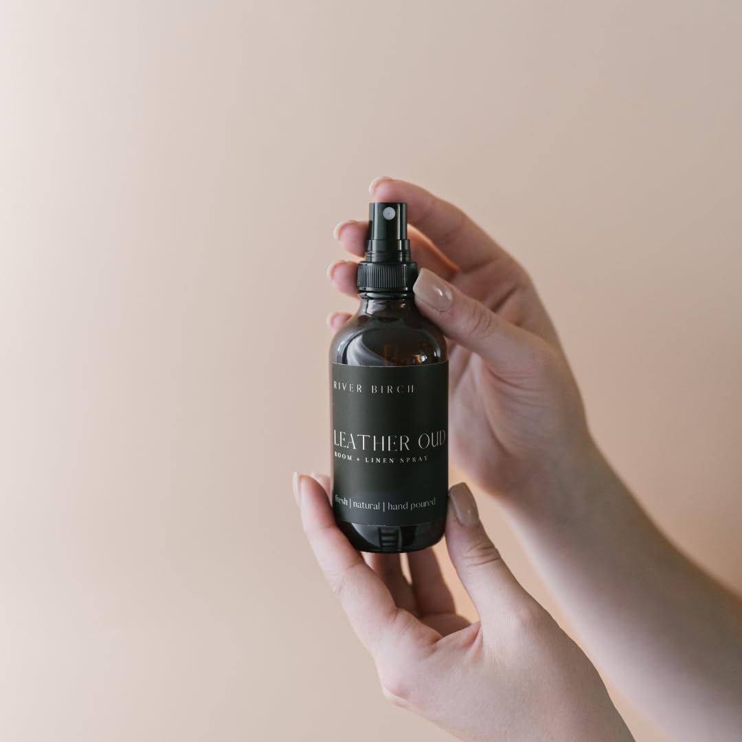 River Birch Luxury Linen and Room Spray - Leather Oud Home Signature Scent - Room Fragrance Spray - Fragrant Fresh Linen Air Freshener For Bedding - Handmade in Texas - 4 oz Glass Amber Bottle