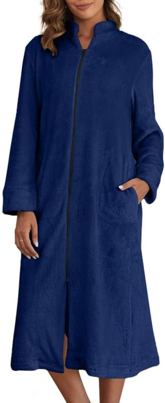Ekouaer Women's Zip Up Robe Fleece Bathrobe Long Zipper Lounger Warm Housecoat Long Sleeve Nightgown with Pockets S-XXL