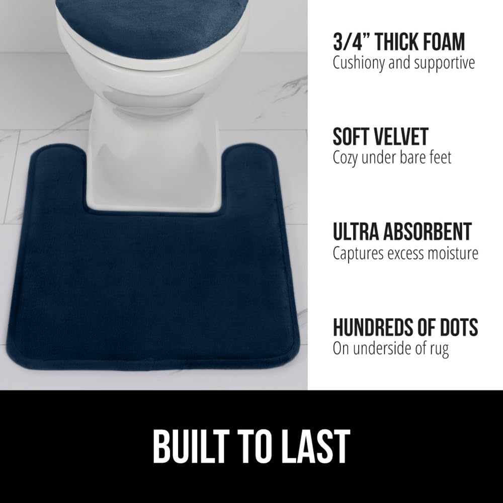 GORILLA GRIP Thick Memory Foam Toilet Rug for Bathroom, Square Shaped Washable, Soft Absorbent Velvet Topside Floor Mats, Machine Wash, Cushioned Luxury Rugs for Bath Room, 22.5x19.5 Navy Blue