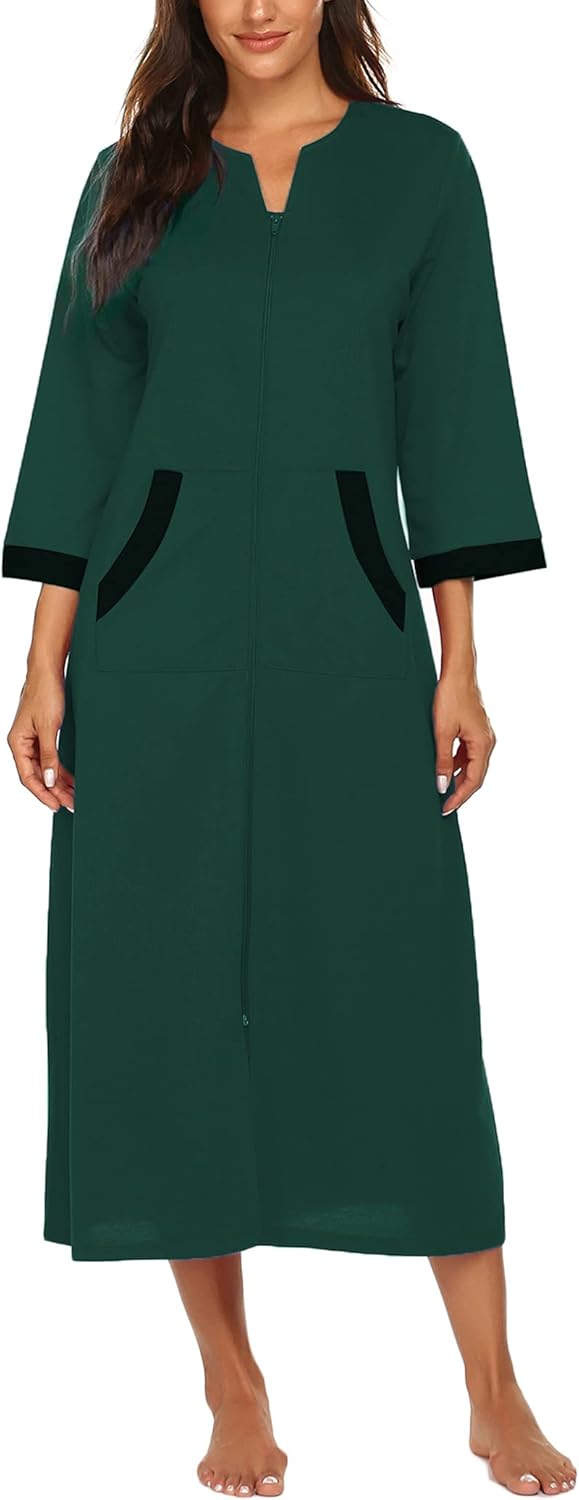 Ekouaer Women Zipper Robe 3/4 Sleeves Loungewear Dress Full Length Sleepwear Pockets Housecoat Nightgown Long Bathrobe
